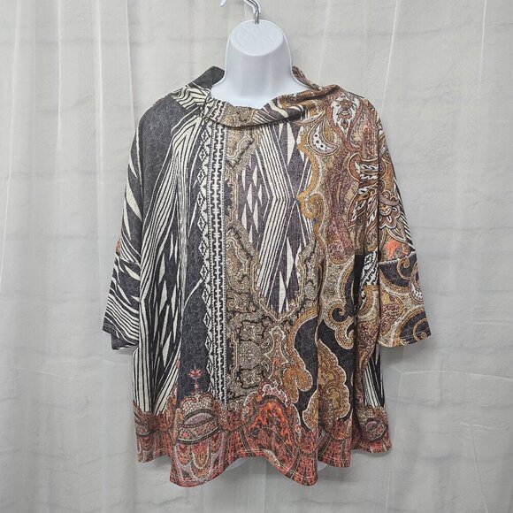 Chico's Black Mustard Boho Mock Neck Knit Blouse Festival Retro L+ - Picture 1 of 11